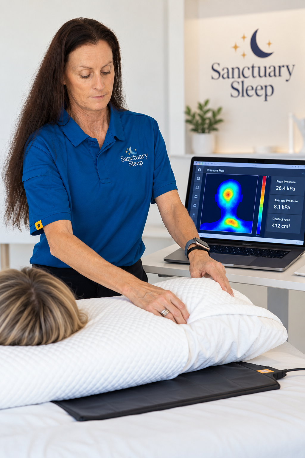 Danielle Canter adjusting a pillow during a Pillow Lab pressure-mapping session, with the live pressure map visible on a laptop